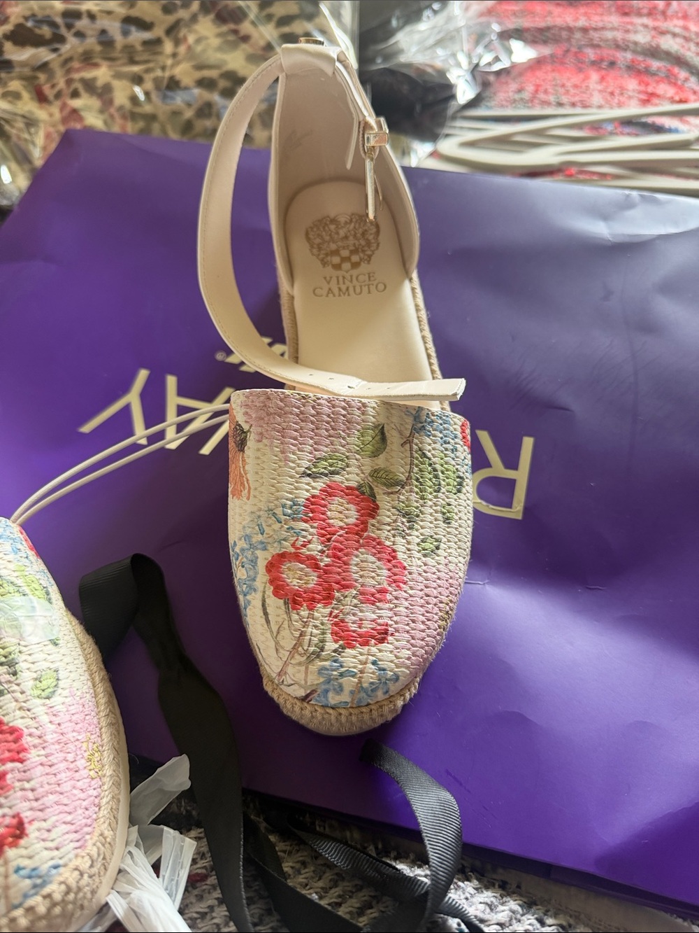 Vince Camuto Floral Espadrille Mules in Cream with Pink & Green Accents